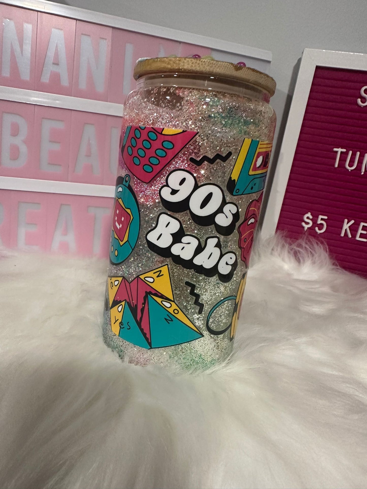 90s babe snowglobe glass tumbler