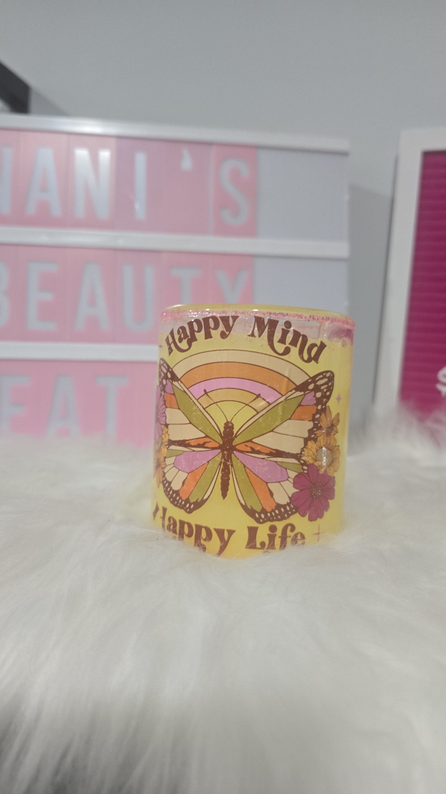 Taza de vidrio Happy Mind Happy Life de 12 oz